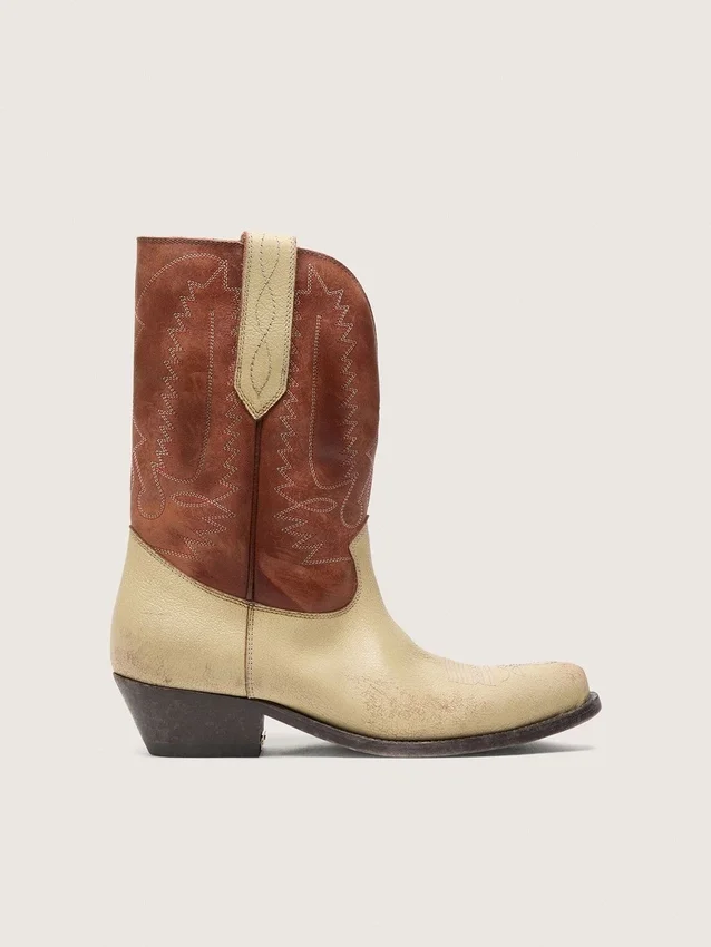 „Wish Star“-Stiefel für Damen aus beigem und braunem Leder mit Stickerei