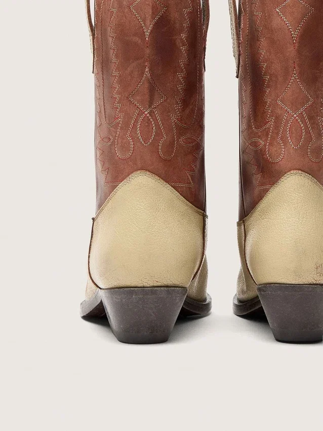 „Wish Star“-Stiefel für Damen aus beigem und braunem Leder mit Stickerei