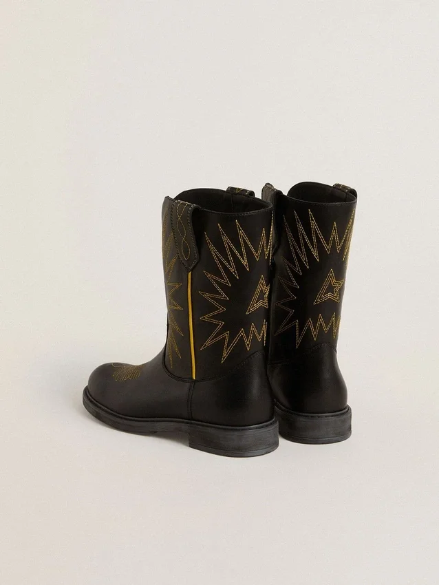 Wish Teen-Stiefel aus schwarzem Leder mit gelber Sternstickerei