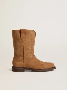 „Wish Young“-Stiefel aus kamelfarbenem Wildleder mit Sternstickerei