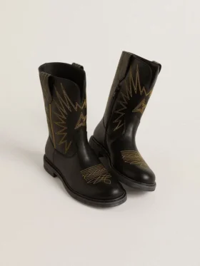 Wish Young Stiefel aus schwarzem Leder mit gelber Sternstickerei