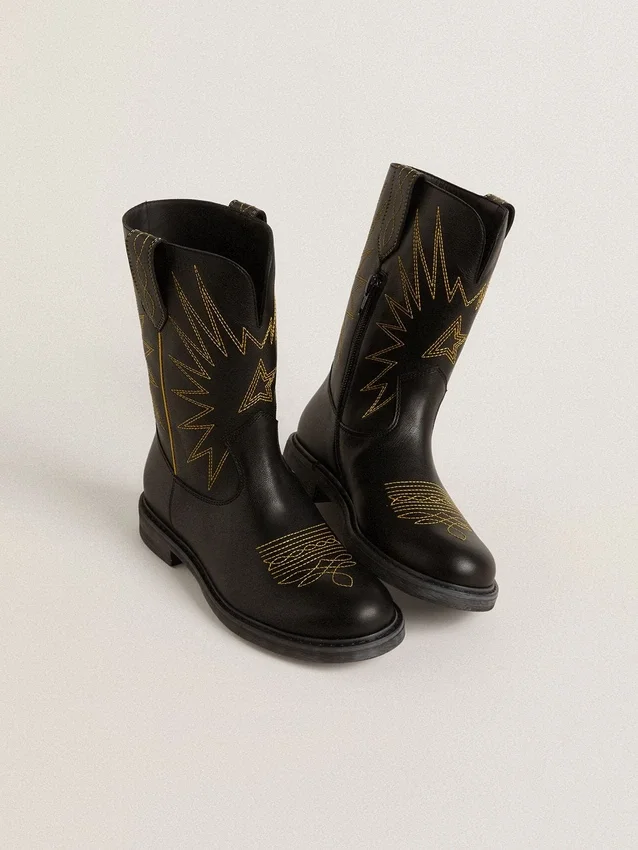 Wish Young Stiefel aus schwarzem Leder mit gelber Sternstickerei